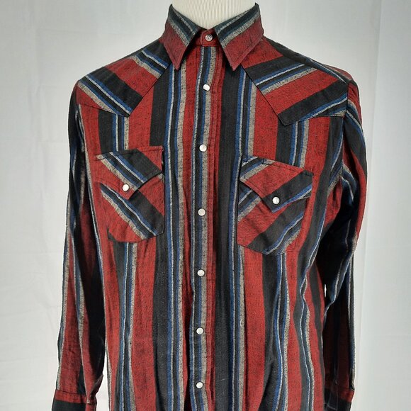 ELY CATTLEMAN Western Flannel Striped Pearl Snap Shirt Men’s Size Large Rodeo - Picture 2 of 8